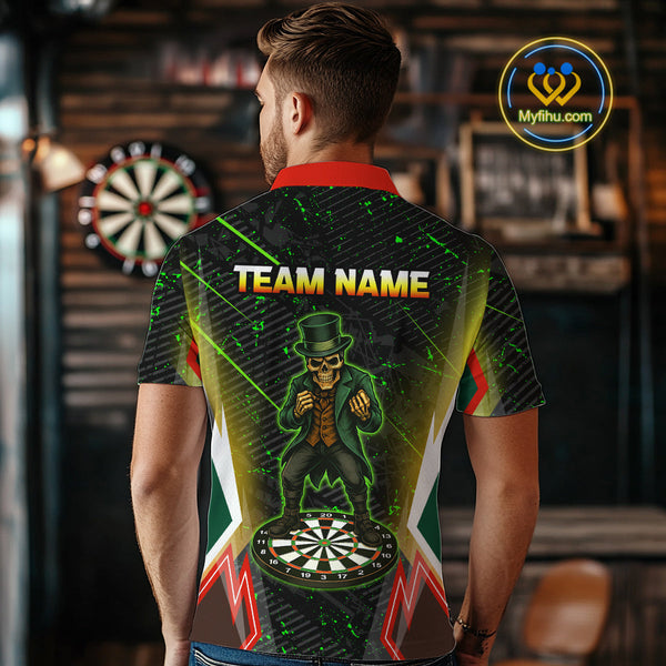 Custom  Green Splatter St Patrick Skull Dart Polo Shirts For Men NYN0430
