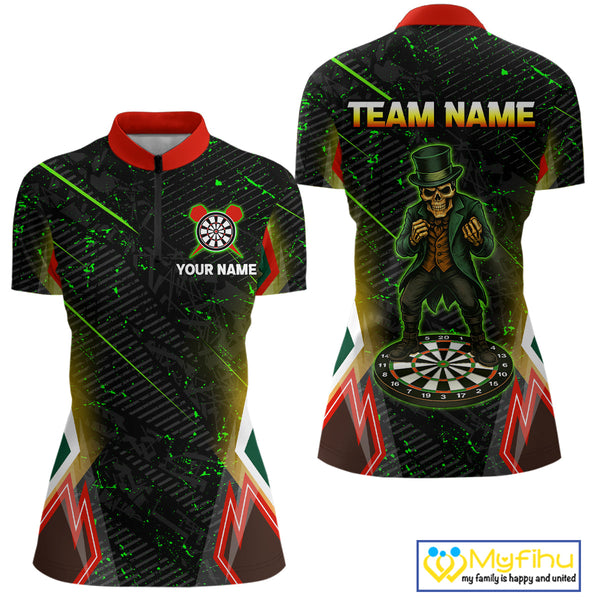 Custom  Green Splatter St Patrick Skull Dart Quarter-Zip Shirts For Women NYN0430