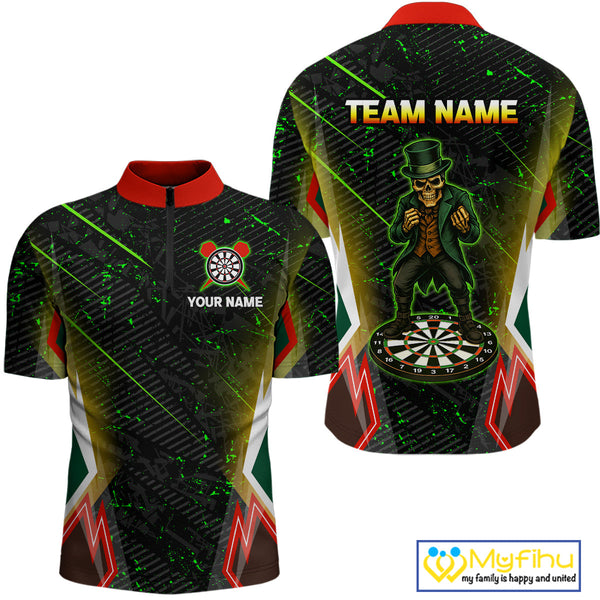 Custom  Green Splatter St Patrick Skull Dart Quarter-Zip Shirts For Men NYN0430