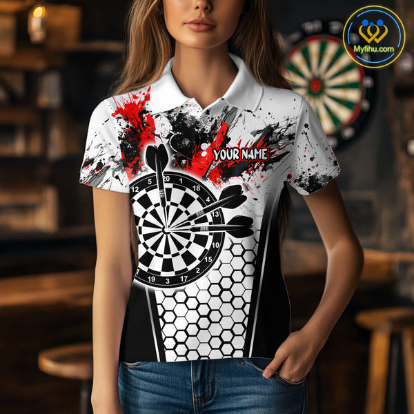 Custom White And Red Splatter Dart Polo Shirts For Women, Grunge Dart Team Shirt NYN0681