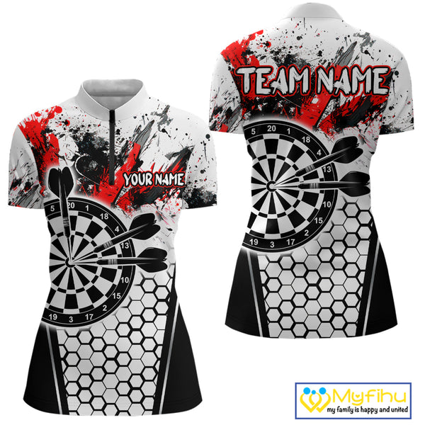 Custom White And Red Splatter Dart Quarter-Zip Shirts For Women, Grunge Dart Team Shirt NYN0681