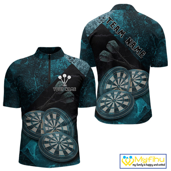 Custom Grunge Black And Blue Dart Team Quarter-Zip Shirts For Men, Vintage Dart Jerseys NYN0685