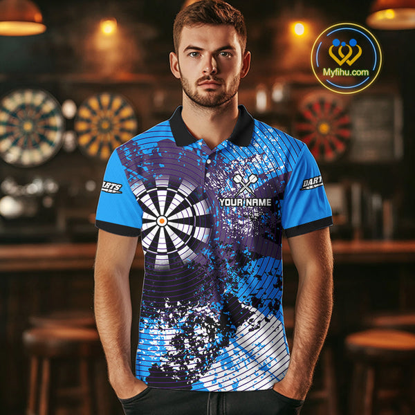 Custom Blue Grunge Dartboard Splatter Effect Dart Polo Shirts For Men, Dart Jerseys NYN0687