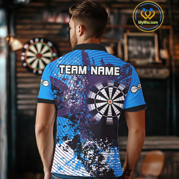 Custom Blue Grunge Dartboard Splatter Effect Dart Polo Shirts For Men, Dart Jerseys NYN0687
