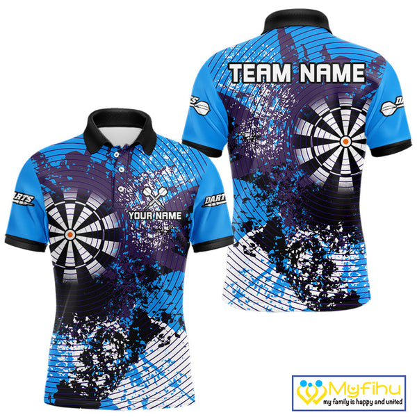 Custom Blue Grunge Dartboard Splatter Effect Dart Polo Shirts For Men, Dart Jerseys NYN0687