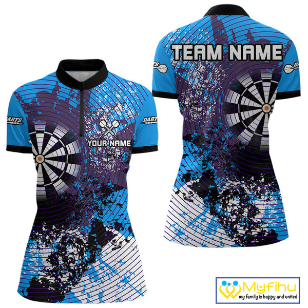 Custom Blue Grunge Dartboard Splatter Effect Dart Women Quarter-Zip Shirt, Dart Jerseys NYN0687