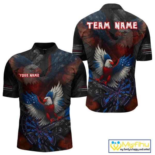 Custom US Flag Eagle Patriotic Dart Quarter-Zip Shirts For Men, Dart Team League Shirt NYN0690