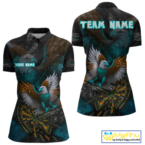 Custom US Flag Eagle Patriotic Dart Women Quarter-Zip Shirt, Vintage Dart League Shirt NYN0691