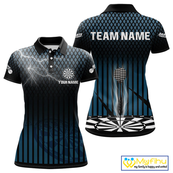 Custom Black And Blue Thunder Lightning Dart Team Jerseys, Dart Polo Shirt For Women NYN0440