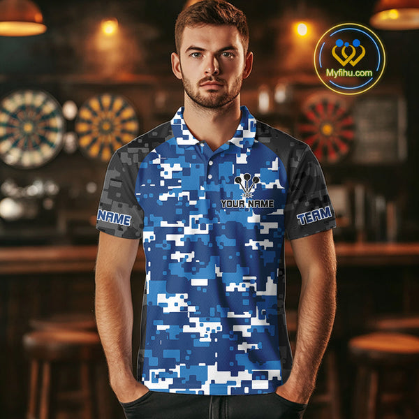 Custom Black And Blue Digital Camo Skull Dartboard Dart Team Polo Shirt For Men NYN0694