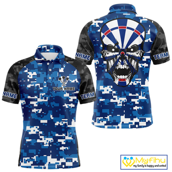 Custom Black And Blue Digital Camo Skull Dartboard Dart Team Polo Shirt For Men NYN0694