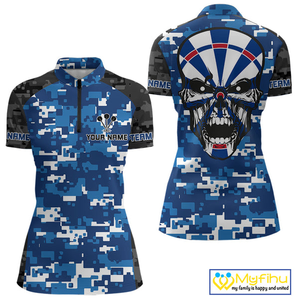 Custom Black And Blue Digital Camo Skull Dartboard Dart Team Quarter-Zip Shirt For Women NYN0694