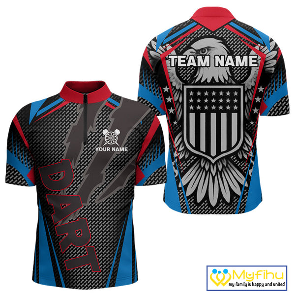 Custom American Flag Eagle Patroitic Dart Quarter-Zip Shirts For Men, US Dart League Shirt NYN0452