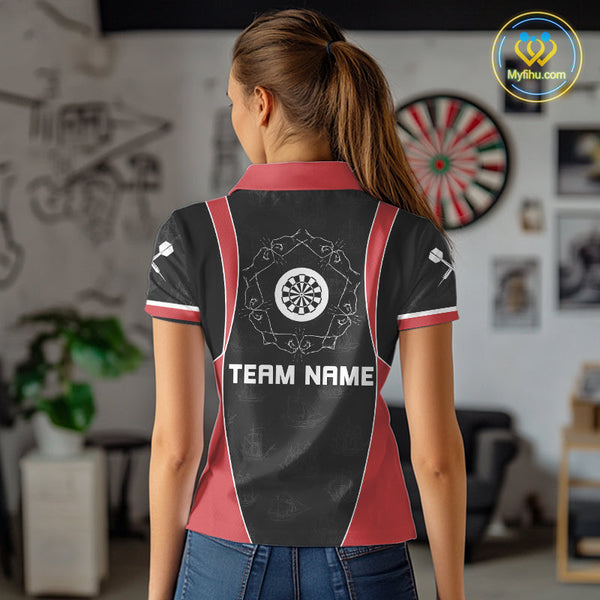 Custom Black And Red Pirate Skull Dart Team Polo Shirt For Women, Halloween Dart Outfit NYN0459