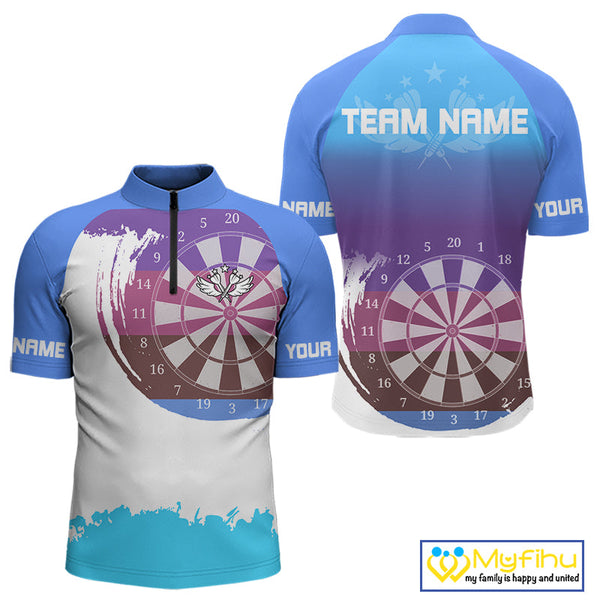Custom Blue Gradient Swoosh Dartboard Dart Quarter-Zip Shirts For Men, Dart Team Shirt NYN0710