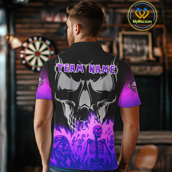 Custom Purple Flames Skeleton Dart Skull Men Polo Shirt, Halloween Dart Outfit NYN0714