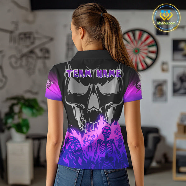 Custom Purple Flames Skeleton Dart Skull Women Polo Shirt, Halloween Dart Outfit NYN0714