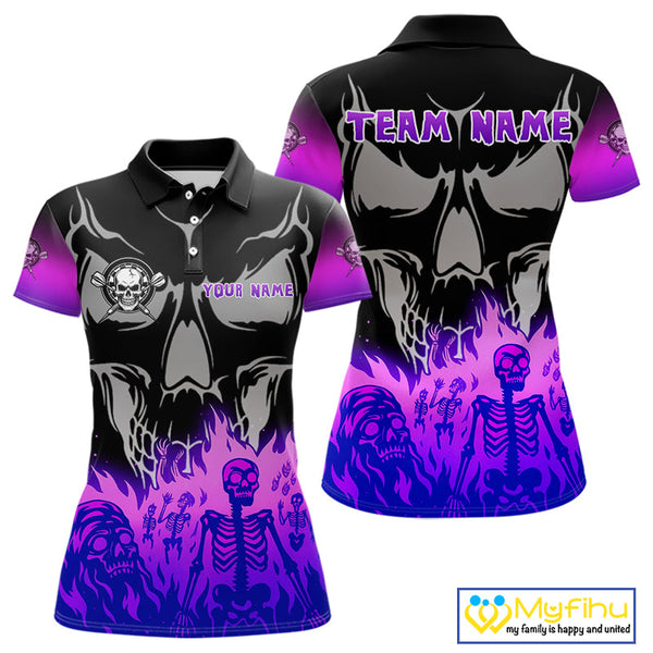 Custom Purple Flames Skeleton Dart Skull Women Polo Shirt, Halloween Dart Outfit NYN0714