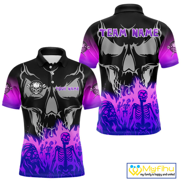 Custom Purple Flames Skeleton Dart Skull Men Polo Shirt, Halloween Dart Outfit NYN0714