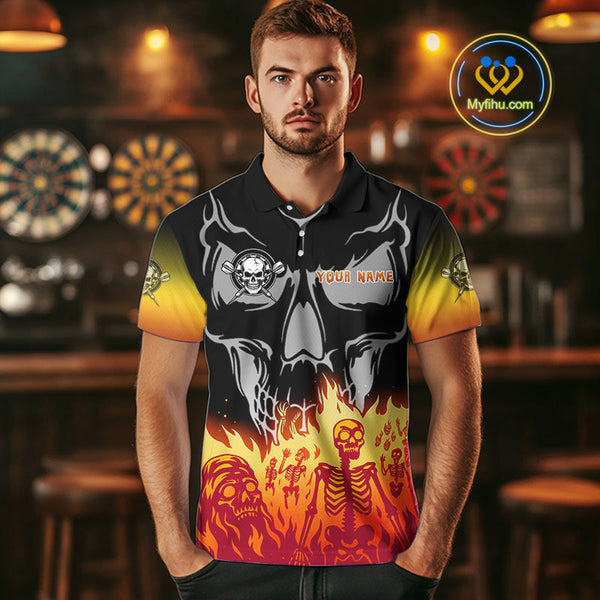 Custom Fire Flames Skeleton Dart Skull Men Polo Shirt, Halloween Dart Outfit NYN0715