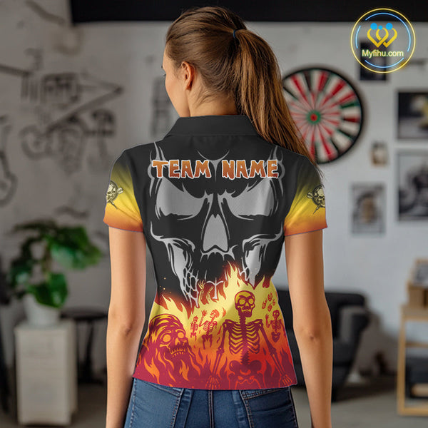 Custom Fire Flames Skeleton Dart Skull Women Polo Shirt, Halloween Dart Outfit NYN0715