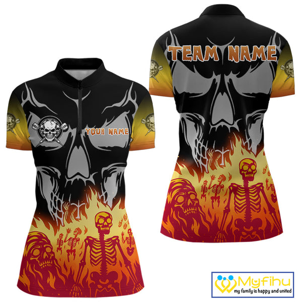 Custom Fire Flames Skeleton Dart Skull Women Quarter-Zip Shirt, Halloween Dart Outfit NYN0715
