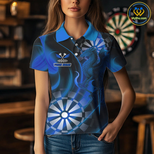 Custom Black And Blue Dragon Dart Polo Shirts For Women, Team Dart Jerseys NYN0723