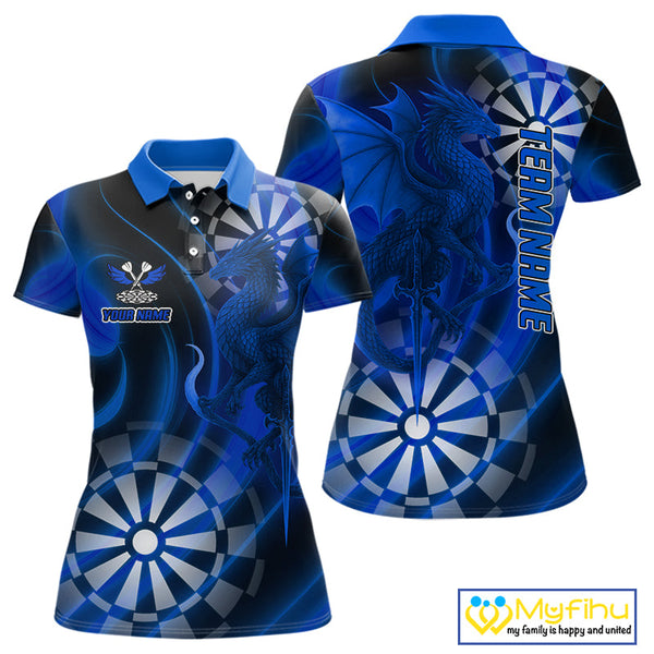 Custom Black And Blue Dragon Dart Polo Shirts For Women, Team Dart Jerseys NYN0723