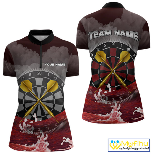 Custom Red Ocean Wave Golden Darts Quarter-Zip Shirt For Women, Dart Team Jerseys NYN0492