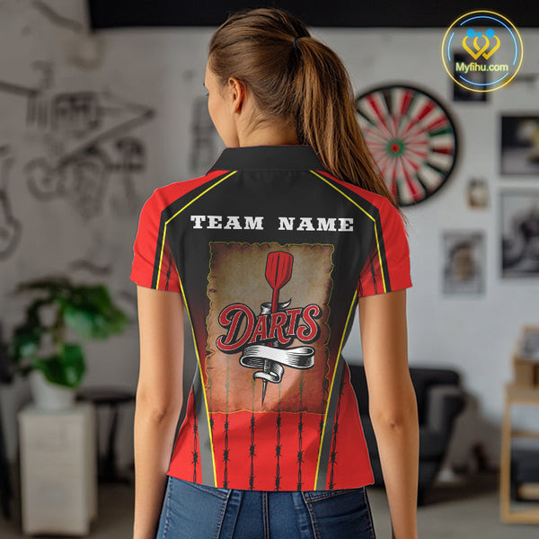 Custom Black And Red Barbed Wire Dart Polo Shirt For Women, Dart Team Shirt NYN0498