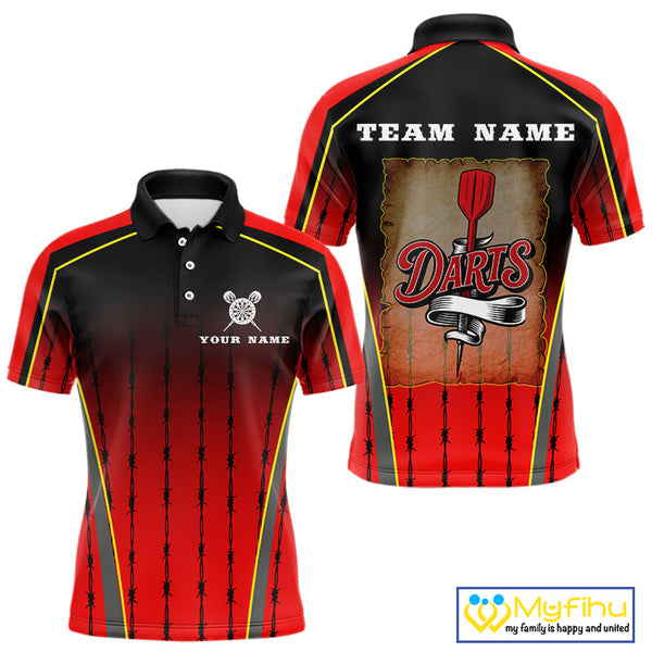 Custom Black And Red Barbed Wire Dart Polo Shirt For Men, Dart Team Shirt NYN0498