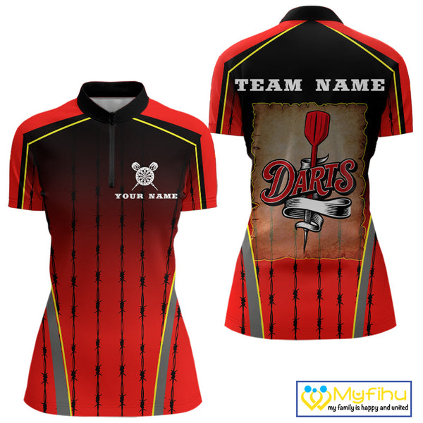 Custom Black And Red Barbed Wire Dart Quarter-Zip Shirt For Women, Dart Team Shirt NYN0498