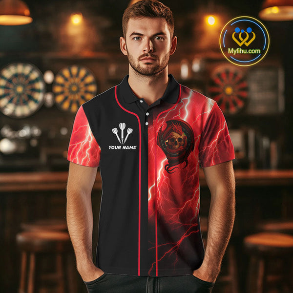 Custom Red Thunder Lightning Dragon Skull Dart Polo Shirt For Men, Dart League Shirt NYN0503
