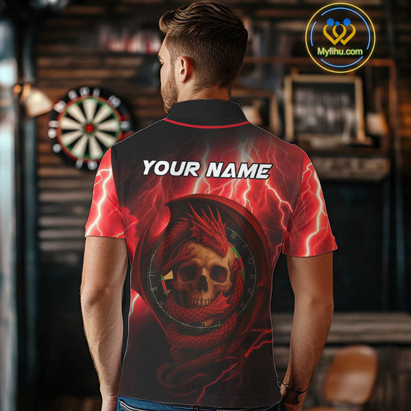 Custom Red Thunder Lightning Dragon Skull Dart Polo Shirt For Men, Dart League Shirt NYN0503