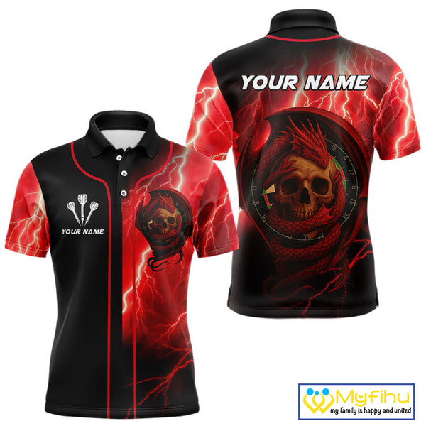 Custom Red Thunder Lightning Dragon Skull Dart Polo Shirt For Men, Dart League Shirt NYN0503