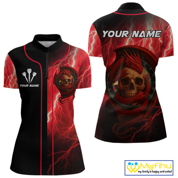 Custom Red Thunder Lightning Dragon Skull Dart Women Quarter-Zip Shirt, Dart League Shirt NYN0503