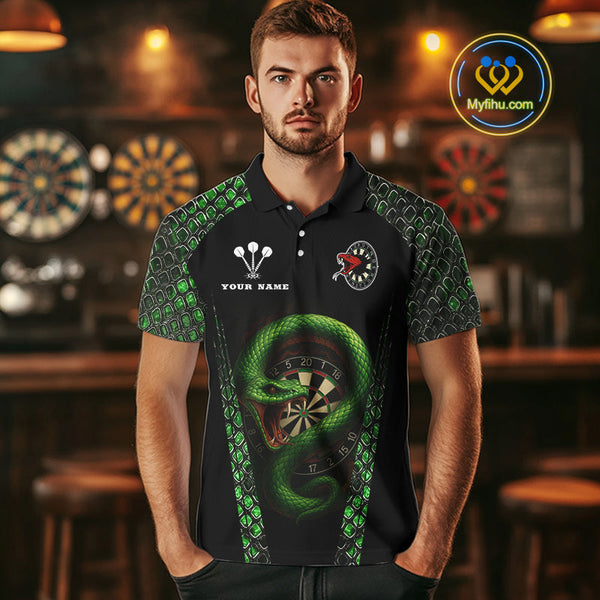 Custom Black And Green Snake Dart Team Polo Shirt For Men, Dart Jerseys NYN0508
