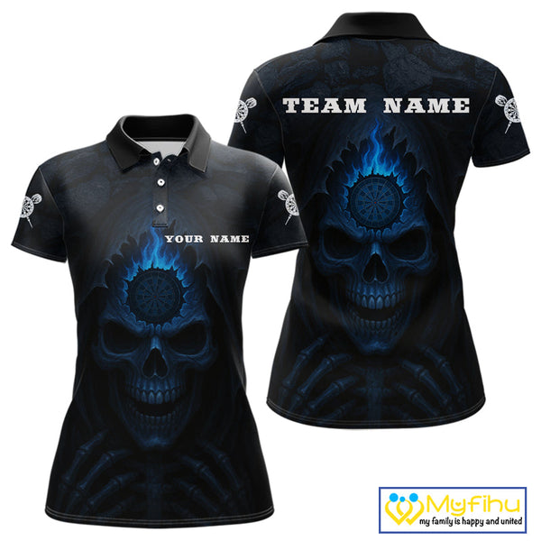 Custom Black And Blue Flame Grim Reaper Dart Polo Shirt For Women, Halloween Dart Outfit NYN0514