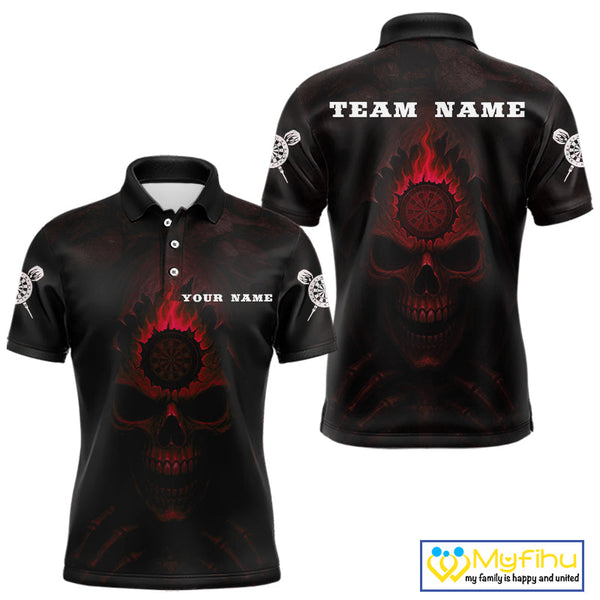 Custom Black And Red Flame Grim Reaper Dart Polo Shirt For Men, Halloween Dart Outfit NYN0515