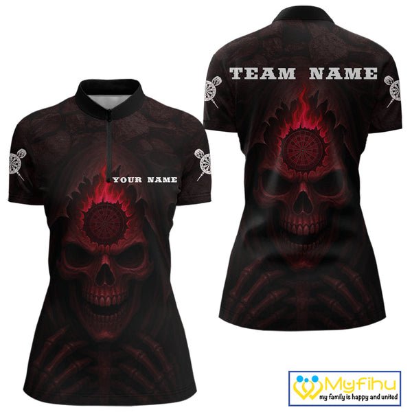 Custom Black And Red Flame Grim Reaper Dart Women Quarter-Zip Shirt, Halloween Dart Outfit NYN0515