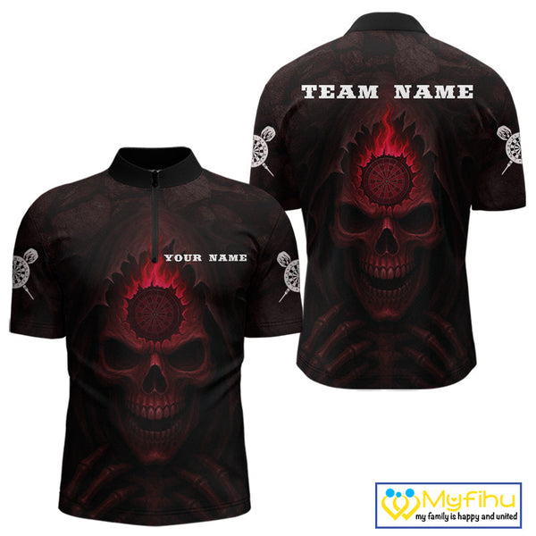 Custom Black And Red Flame Grim Reaper Dart Quarter-Zip Shirt For Men, Halloween Dart Outfit NYN0515