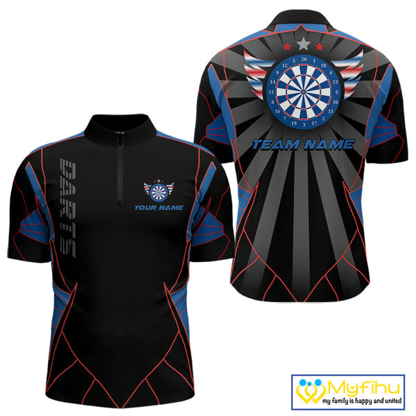 Custom Black,Red And Blue Patriotic Dart Quarter-Zip Shirts For Men, Tournament Shirt NYN0726