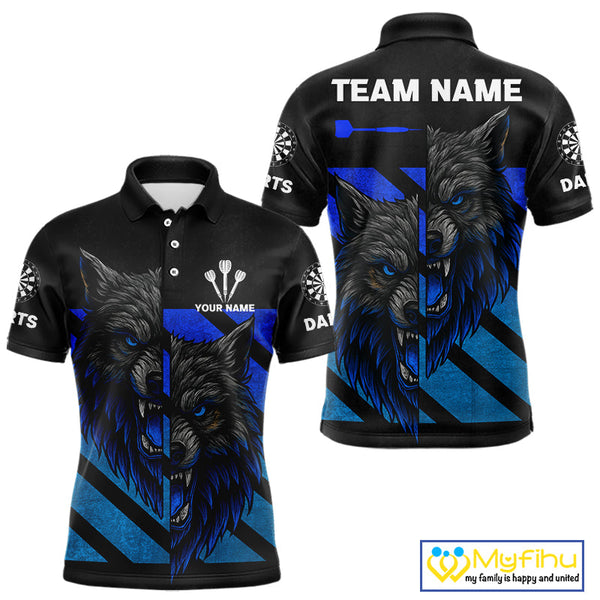 Custom Grunge Black And Blue Wolf Dart Polo Shirt For Men, Dart Jerseys NYN0517