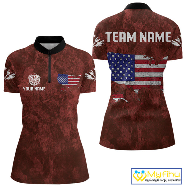 Custom Black And Red Camo Dart Women Quarter-Zip Shirts, Patriotic Dart Tournament Shirt NYN0524