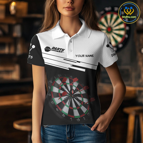 Custom Black And White Dart Team Polo Shirt For Women, Dart Jerseys NYN0525