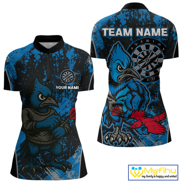 Custom Black And Blue Funny Bird Dart Team Quarter-Zip Shirt For Women, Dart Jerseys NYN0530
