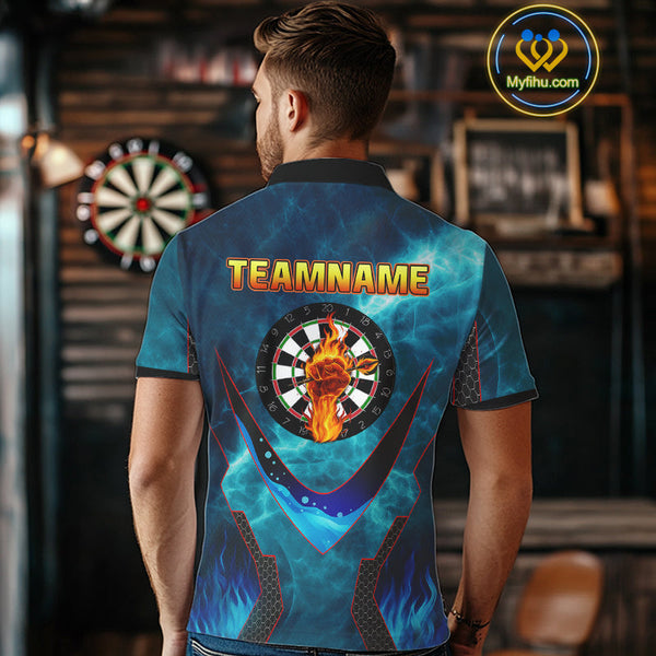 Custom Blue Fire Flame Strong Dart Team Polo Shirt For Men, Dart Jerseys NYN0542