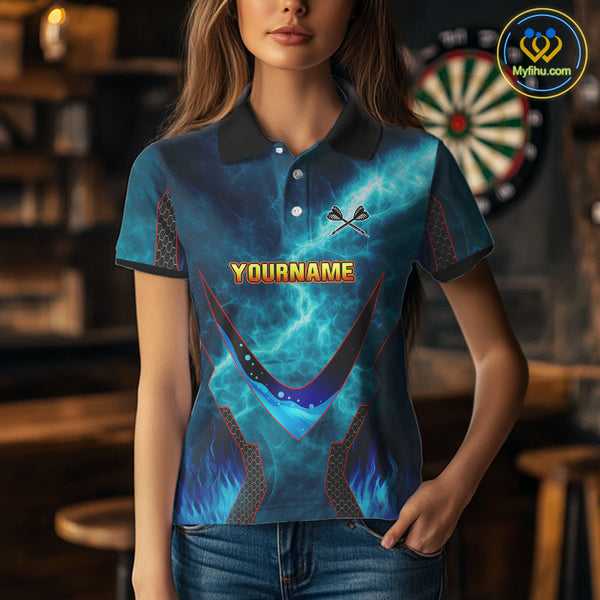Custom Blue Fire Flame Strong Dart Team Polo Shirt For Women, Dart Jerseys NYN0542