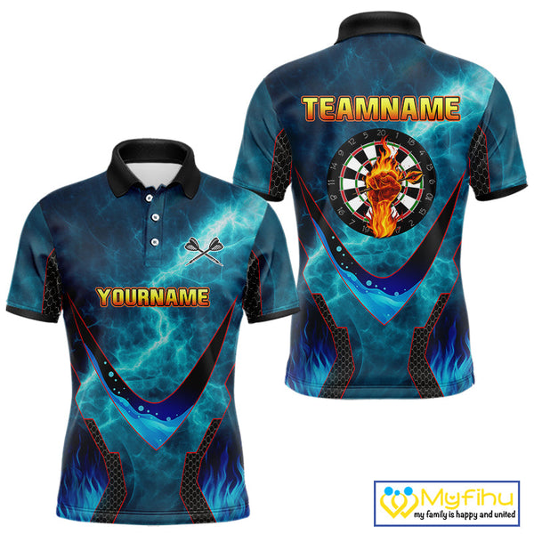 Custom Blue Fire Flame Strong Dart Team Polo Shirt For Men, Dart Jerseys NYN0542