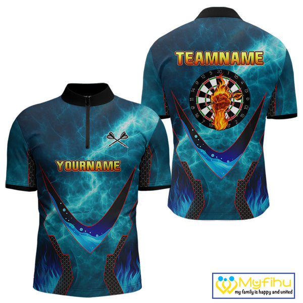 Custom Blue Fire Flame Strong Dart Team Quarter-Zip Shirt For Men, Dart Jerseys NYN0542